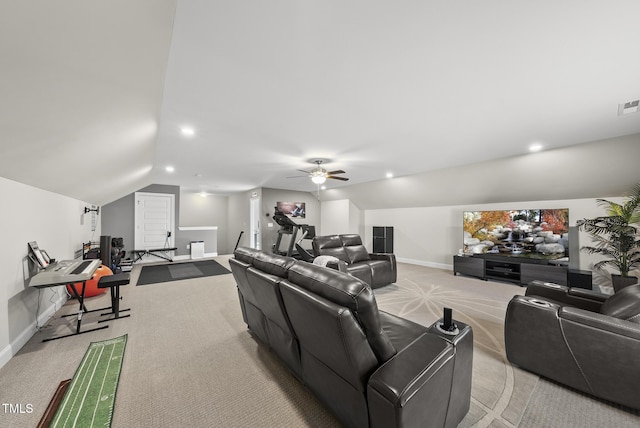 7741 Wilderness Rd, Raleigh, NC 27613 - living area with light colored carpet, vaulted ceiling, ceiling fan, and recessed lighting