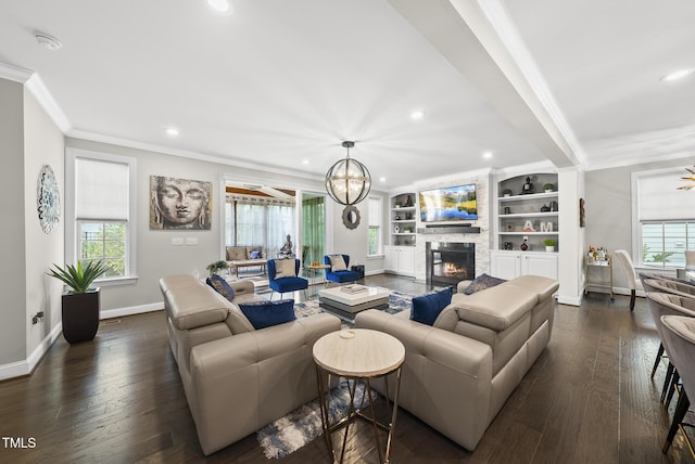 7741 Wilderness Rd, Raleigh, NC 27613 - living area featuring crown molding, a fireplace, recessed lighting, plenty of natural light, and dark wood-style flooring