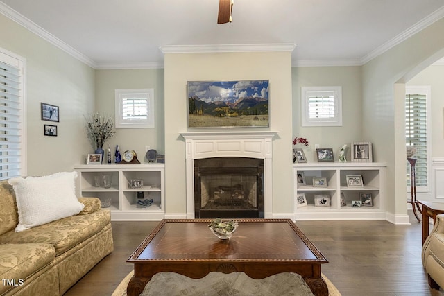 2461 Patriot Bluffs Dr, Fuquay Varina, NC 27526 - living area featuring dark wood-style floors, a fireplace, ornamental molding, and plenty of natural light
