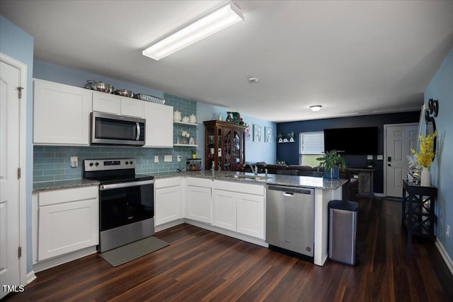 443 Waterfall Rd, Henderson, NC 27537 - kitchen with stainless steel appliances, a peninsula, open floor plan, and dark wood-type flooring