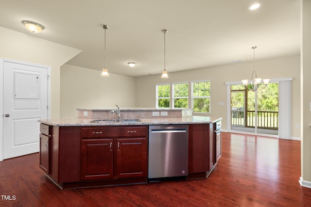 508 Durants Neck Ln, Morrisville, NC 27560 - kitchen featuring stainless steel dishwasher, dark wood finished floors, a center island with sink, hanging light fixtures, and a chandelier