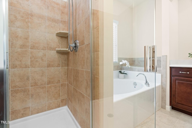 508 Durants Neck Ln, Morrisville, NC 27560 - full bathroom with a bath, a stall shower, vanity, and tile patterned flooring