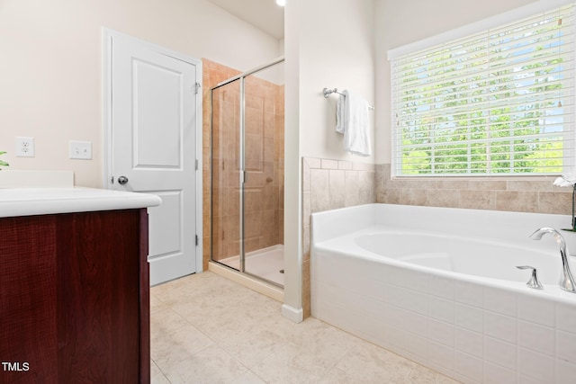 508 Durants Neck Ln, Morrisville, NC 27560 - bathroom with a bath, a shower stall, tile patterned flooring, and vanity