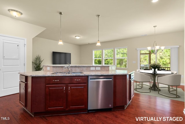 508 Durants Neck Ln, Morrisville, NC 27560 - kitchen featuring dishwasher, dark wood-style floors, pendant lighting, a center island with sink, and light stone counters