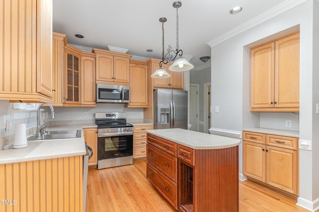 106 Windstream Way, Cary, NC 27518 - kitchen featuring appliances with stainless steel finishes, light wood finished floors, crown molding, light countertops, and glass insert cabinets