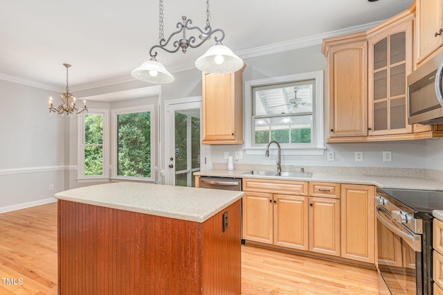 106 Windstream Way, Cary, NC 27518 - kitchen featuring appliances with stainless steel finishes, a kitchen island, light wood-type flooring, decorative light fixtures, and glass insert cabinets
