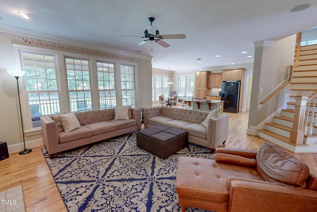 4 Springtree Cir, Durham, NC 27712 - living area featuring ceiling fan, crown molding, light wood-style floors, stairway, and recessed lighting