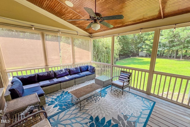4 Springtree Cir, Durham, NC 27712 - sunroom featuring lofted ceiling, ceiling fan, outdoor lounge area, and plenty of natural light