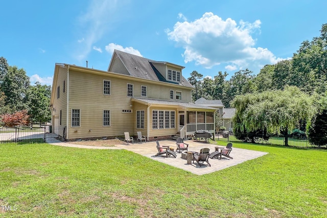 4 Springtree Cir, Durham, NC 27712 - back of house with a sunroom, a patio, crawl space, and an outdoor fire pit
