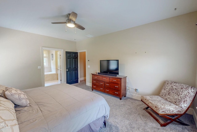4 Springtree Cir, Durham, NC 27712 - bedroom with light carpet, connected bathroom, and ceiling fan