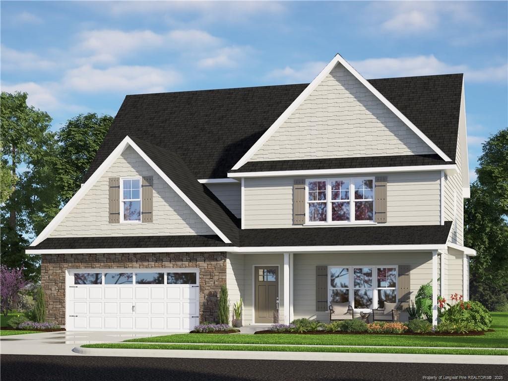 474 Crichton Ct, Fayetteville, NC 28311 - view of front of home featuring a garage, a porch, roof with shingles, stone siding, and driveway