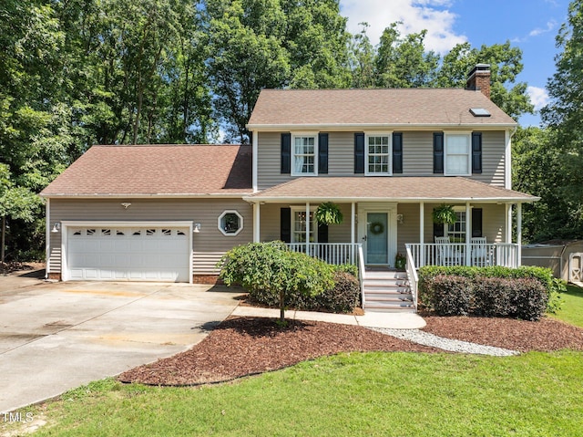 1604 Farm Lake Dr, Holly Springs, NC 27540 - colonial house with a chimney, an attached garage, driveway, covered porch, and a front yard