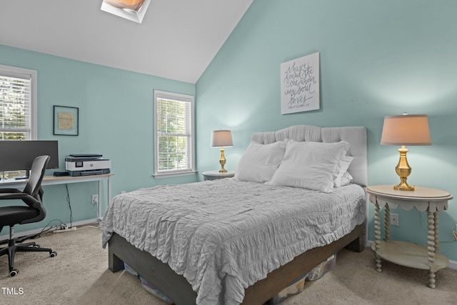 1604 Farm Lake Dr, Holly Springs, NC 27540 - carpeted bedroom with lofted ceiling, an office area, and a skylight