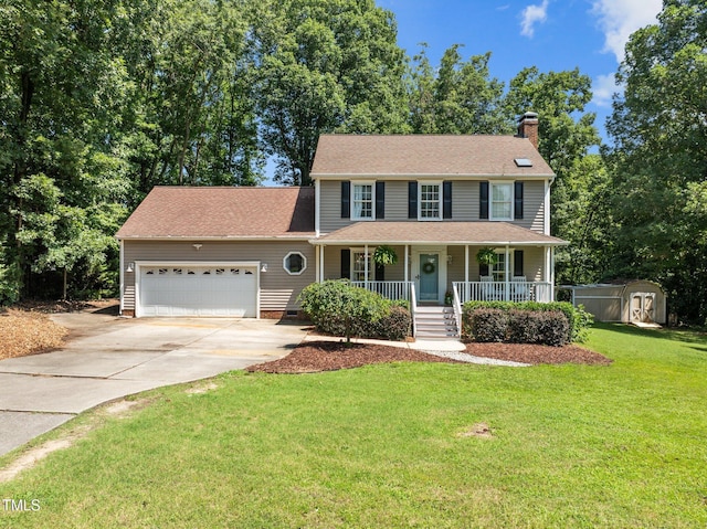 1604 Farm Lake Dr, Holly Springs, NC 27540 - colonial inspired home with a storage unit, a porch, a chimney, concrete driveway, and an attached garage