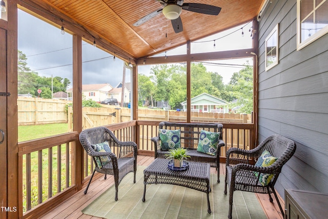 119 W Piedmont Ave, Durham, NC 27707 - sunroom featuring lofted ceiling, outdoor lounge area, ceiling fan, and plenty of natural light