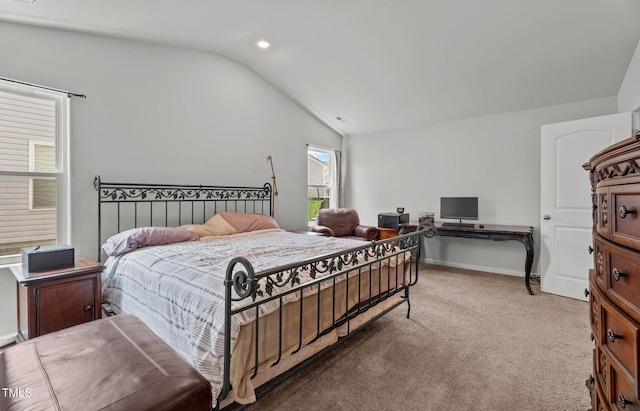 764 Frosty Way, Zebulon, NC 27597 - bedroom featuring lofted ceiling, carpet floors, a desk, and recessed lighting