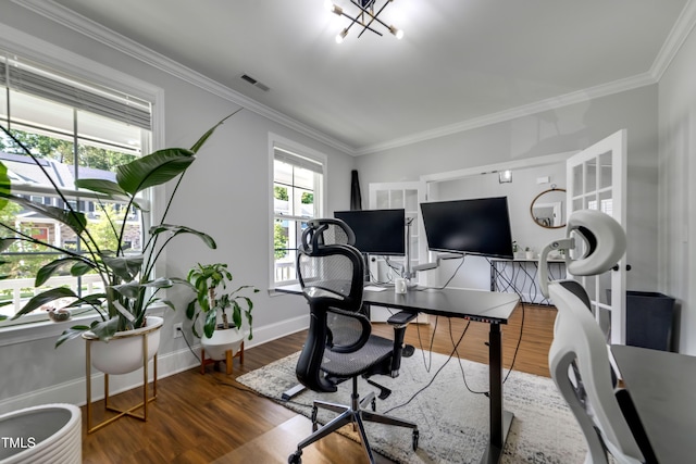 425 Cahors Trl, Holly Springs, NC 27540 - office area featuring wood finished floors, crown molding, and a chandelier