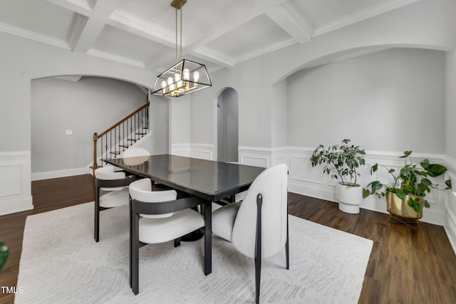 425 Cahors Trl, Holly Springs, NC 27540 - dining room with arched walkways, coffered ceiling, stairway, beamed ceiling, and wood finished floors