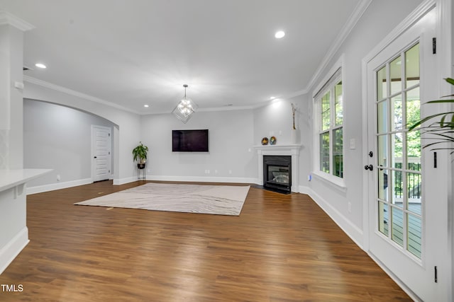 425 Cahors Trl, Holly Springs, NC 27540 - unfurnished living room featuring dark wood-style floors, recessed lighting, a fireplace with flush hearth, arched walkways, and crown molding
