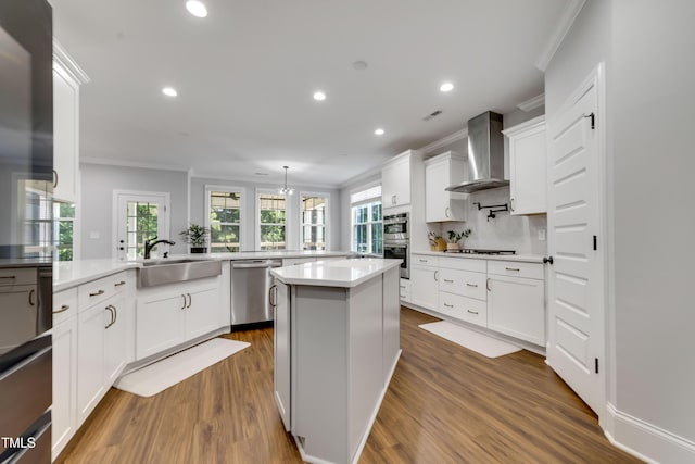 425 Cahors Trl, Holly Springs, NC 27540 - kitchen featuring wall chimney range hood, ornamental molding, appliances with stainless steel finishes, recessed lighting, and dark wood-style flooring