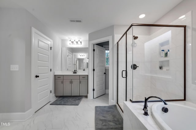 425 Cahors Trl, Holly Springs, NC 27540 - full bath with a garden tub, vanity, a stall shower, and marble finish floors
