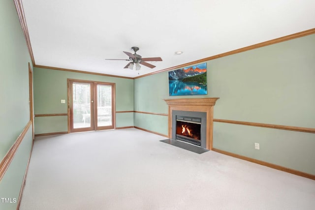 3008 Sgt Pepper Ct, Raleigh, NC 27603 - unfurnished living room with ornamental molding, ceiling fan, a fireplace with flush hearth, and carpet floors