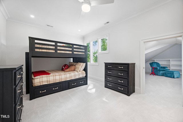 781 Crabtree Crossing Pkwy, Cary, NC 27513 - bedroom featuring crown molding, light carpet, ceiling fan, and recessed lighting