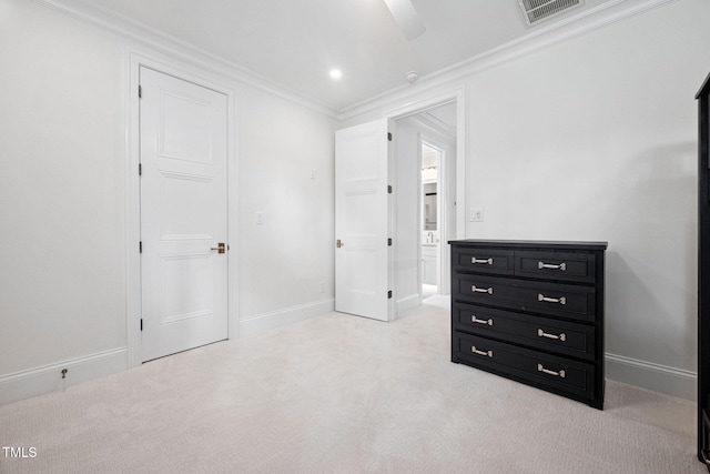 781 Crabtree Crossing Pkwy, Cary, NC 27513 - unfurnished bedroom featuring crown molding, light carpet, ceiling fan, and recessed lighting