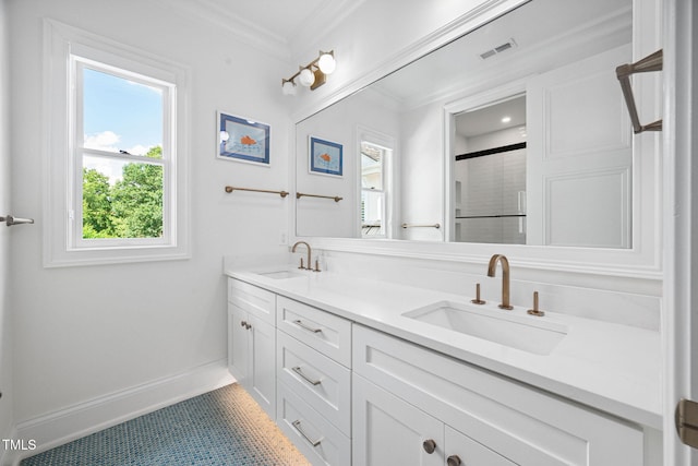 781 Crabtree Crossing Pkwy, Cary, NC 27513 - full bathroom featuring double vanity, ornamental molding, a shower, and tile patterned flooring