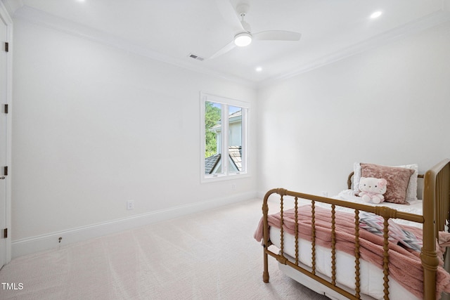 781 Crabtree Crossing Pkwy, Cary, NC 27513 - bedroom featuring crown molding, carpet, recessed lighting, and a ceiling fan