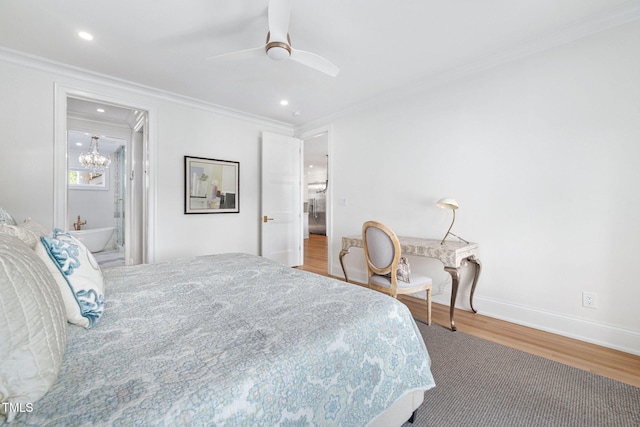 781 Crabtree Crossing Pkwy, Cary, NC 27513 - bedroom featuring wood finished floors, ornamental molding, recessed lighting, ensuite bathroom, and ceiling fan
