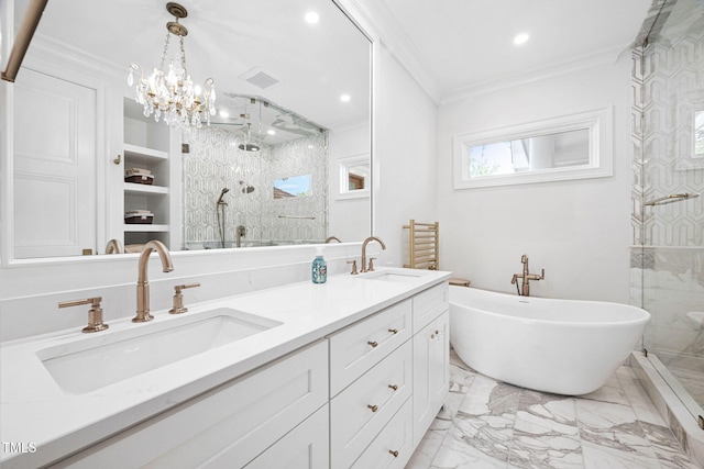 781 Crabtree Crossing Pkwy, Cary, NC 27513 - full bath with a marble finish shower, ornamental molding, a soaking tub, double vanity, and marble finish flooring