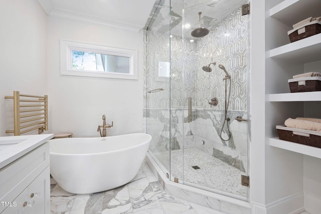 781 Crabtree Crossing Pkwy, Cary, NC 27513 - full bath featuring a marble finish shower, a soaking tub, vanity, marble finish flooring, and ornamental molding