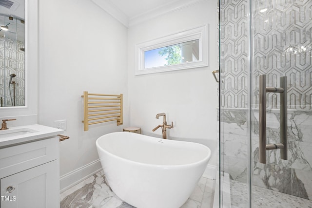 781 Crabtree Crossing Pkwy, Cary, NC 27513 - bathroom featuring marble finish flooring, ornamental molding, a freestanding bath, vanity, and a marble finish shower