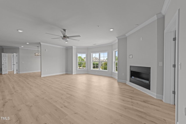 1400 Gathering Park Cir Unit 302, Cary, NC 27519 - unfurnished living room featuring a ceiling fan, crown molding, a fireplace, recessed lighting, and light wood finished floors