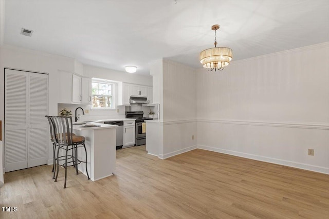 449 Summerwalk Cir, Chapel Hill, NC 27517 - kitchen featuring appliances with stainless steel finishes, a peninsula, a chandelier, light wood-style floors, and a kitchen breakfast bar