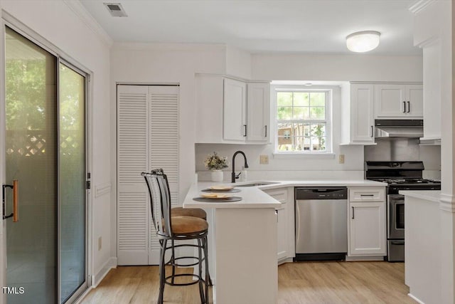 449 Summerwalk Cir, Chapel Hill, NC 27517 - kitchen featuring stainless steel appliances, under cabinet range hood, light wood-type flooring, a peninsula, and white cabinets