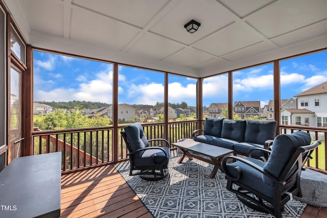 115 Circle City Way, Pittsboro, NC 27312 - sunroom with a residential view, hardwood / wood-style floors, an outdoor hangout area, a wooden deck, and floor to ceiling windows