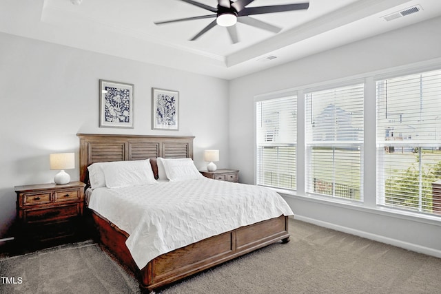 115 Circle City Way, Pittsboro, NC 27312 - bedroom featuring a raised ceiling, light carpet, multiple windows, and a ceiling fan