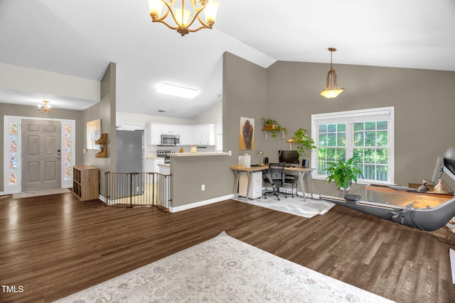 6001 Black Willow Dr, Greensboro, NC 27405 - living area with a chandelier, an office area, dark wood-style floors, and high vaulted ceiling