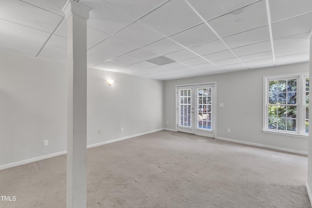 13201 Townfield Dr, Raleigh, NC 27614 - unfurnished room featuring a paneled ceiling, carpet, and french doors