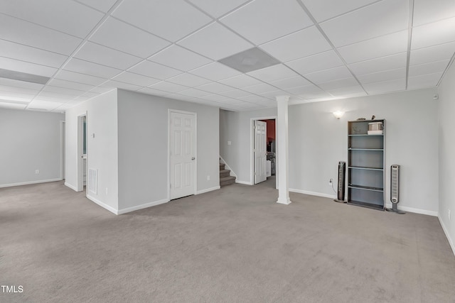 13201 Townfield Dr, Raleigh, NC 27614 - basement with a paneled ceiling, stairway, and carpet