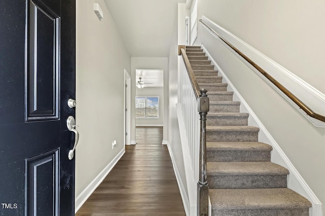 245 E Webber Ln, Clayton, NC 27527 - entryway featuring stairs, dark wood-style floors, and a ceiling fan