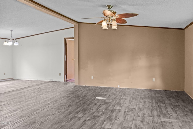 112 Elsie Marie Dr, Youngsville, NC 27596 - spare room featuring ornamental molding, ceiling fan, a chandelier, a textured ceiling, and wood finished floors