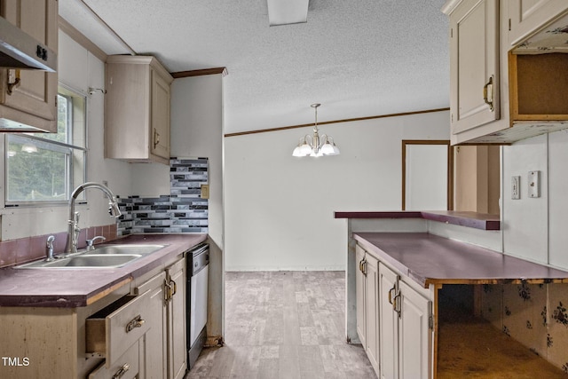 112 Elsie Marie Dr, Youngsville, NC 27596 - kitchen featuring backsplash, dishwashing machine, light wood-style flooring, a textured ceiling, and ornamental molding