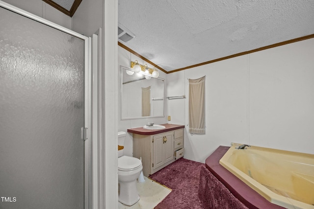 112 Elsie Marie Dr, Youngsville, NC 27596 - bathroom with crown molding, a stall shower, vanity, a garden tub, and a textured ceiling
