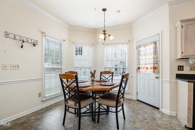 801 Falling Wind Ct, Raleigh, NC 27610 - dining area with a chandelier, a textured ceiling, and crown molding