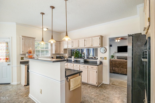 801 Falling Wind Ct, Raleigh, NC 27610 - kitchen with stainless steel appliances, dark countertops, ceiling fan, crown molding, and a textured ceiling