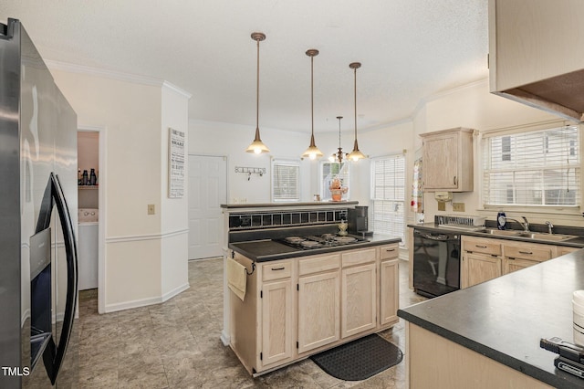 801 Falling Wind Ct, Raleigh, NC 27610 - kitchen featuring black appliances, dark countertops, light brown cabinets, crown molding, and a center island