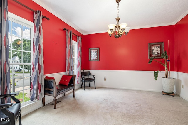 801 Falling Wind Ct, Raleigh, NC 27610 - living area with plenty of natural light, a chandelier, ornamental molding, and carpet flooring